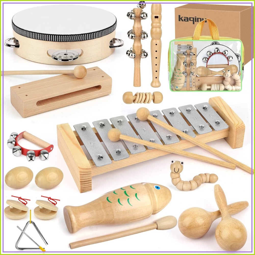 Musical Instrument Image - 23個の木製楽器セット、子供用タンバリン木琴おもちゃ、バッグ付き幼児教育早期学習用