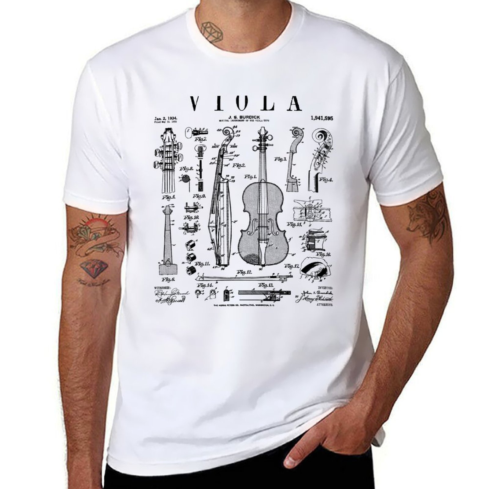 Musical Instrument Viola - ヴィオラ奏者ミュージシャン楽器ヴィンテージ特許Tシャツ男性TシャツデザイナーTシャツ