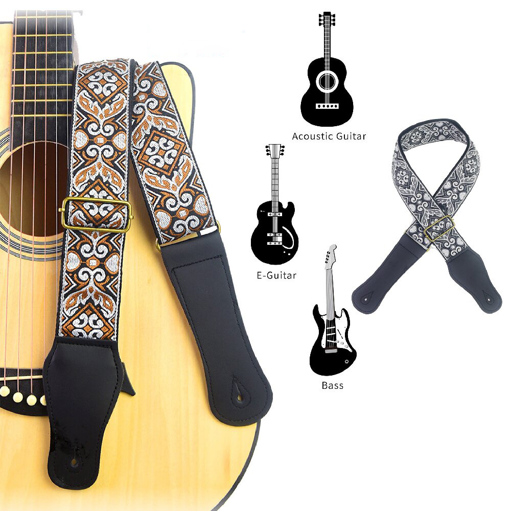 Musical Instrument Art - ギターストラップ刺繍プリントエスニックスタイル調節可能なギターストラップフォークエレキギターベースウクレレギターアクセサリー用