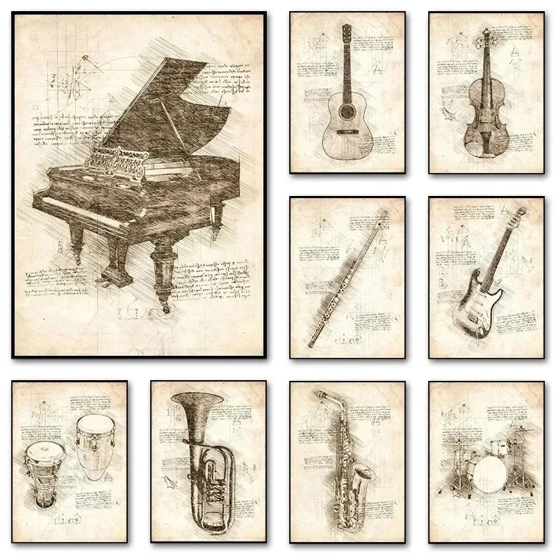 インスピレーションスケッチキャンバス絵画ポスター楽器ピアノバ - Musical Instrument Image のレビューと価格