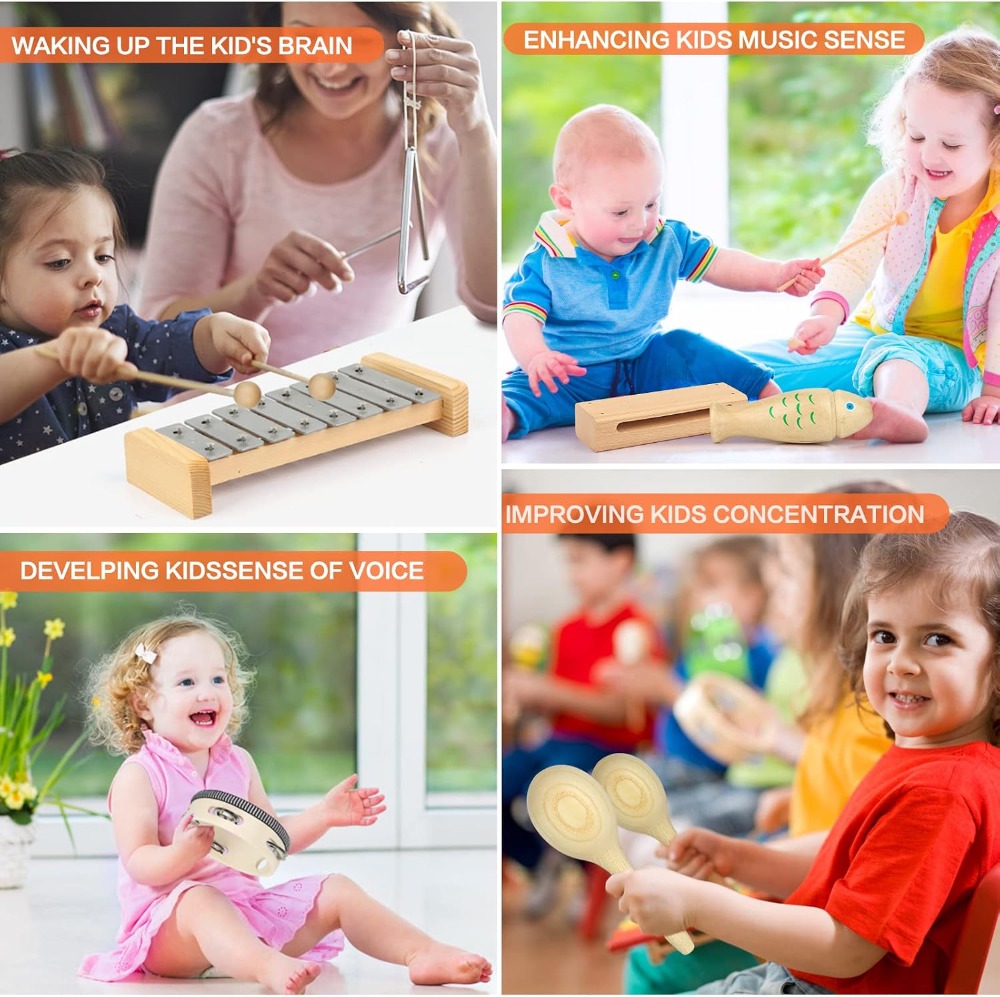 23個の木製楽器セット、子供用タンバリン木琴おもちゃ、バッグ - Musical Instrument Image のレビューと価格