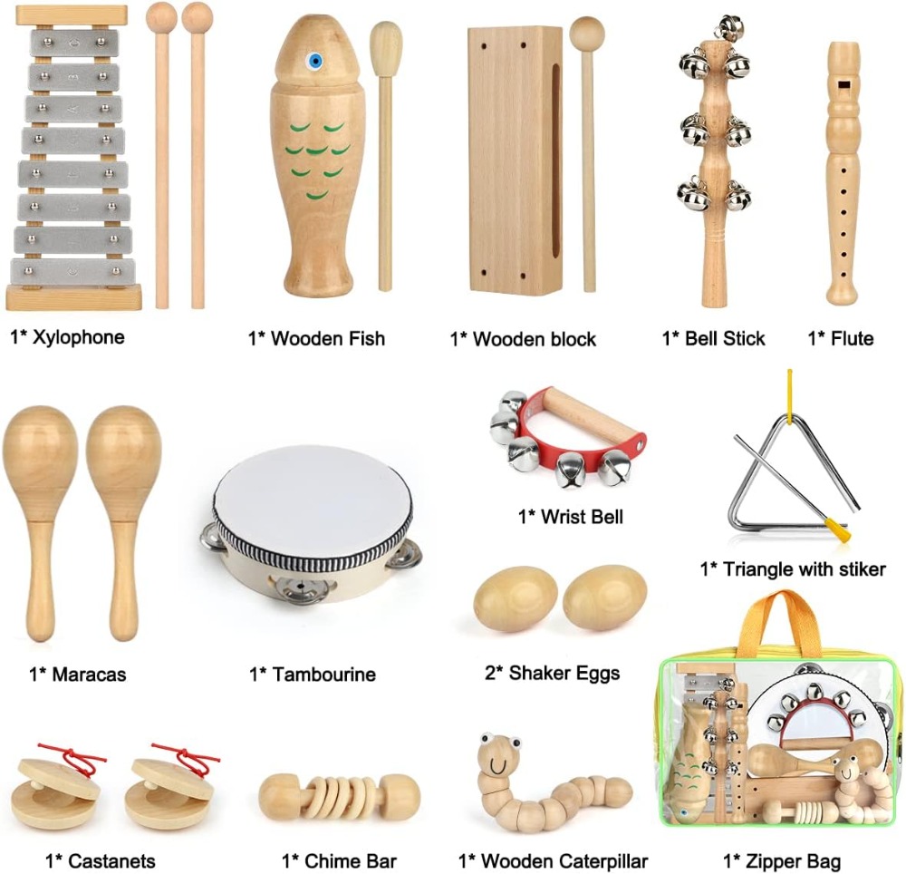 23個の木製楽器セット、子供用タンバリン木琴おもちゃ、バッグ - Musical Instrument Image のレビューと価格
